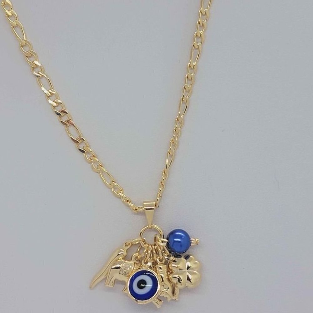 Brand New Brazilian 18k Gold Filled Blue Evil Eye w/ Lucky Charms Necklace - Picture 2 of 8